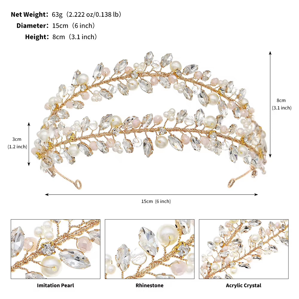 Crystal Double-Row Hair Hoop Headband Crown Handmade Pearl Rhinestone Hairband Bridal Hair Crown