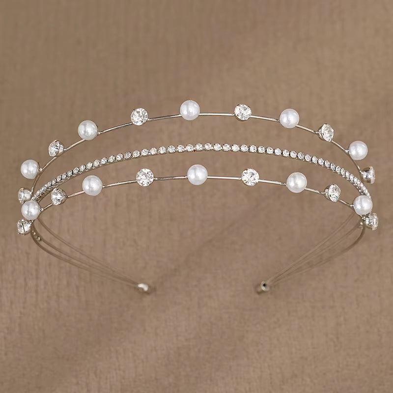 Three Layers Rhinestones Diadems Queens Crowns Wedding Tiara Bridal Crown Crystal Pearl Head Pieces