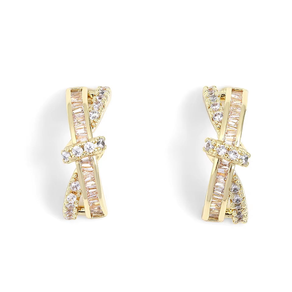 French Luxury Full Zircon Earrings Female Cross Twist Rows High Quality Fashion Earrings