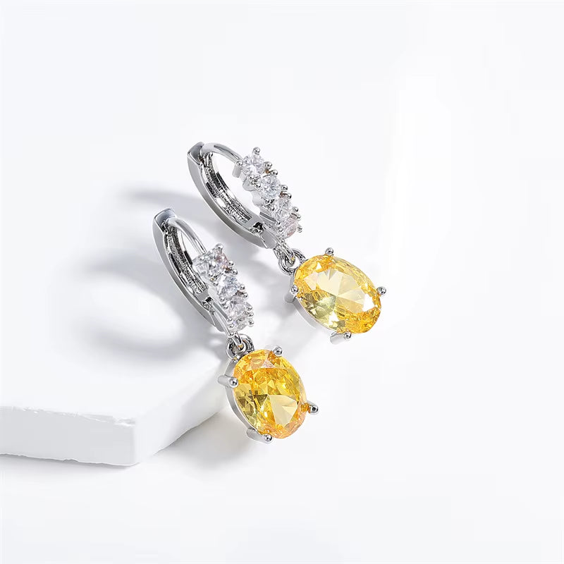 Yellow Citrine Oval Dangle Leverback Cubic Zirconia Earrings with Birthstone for Wedding