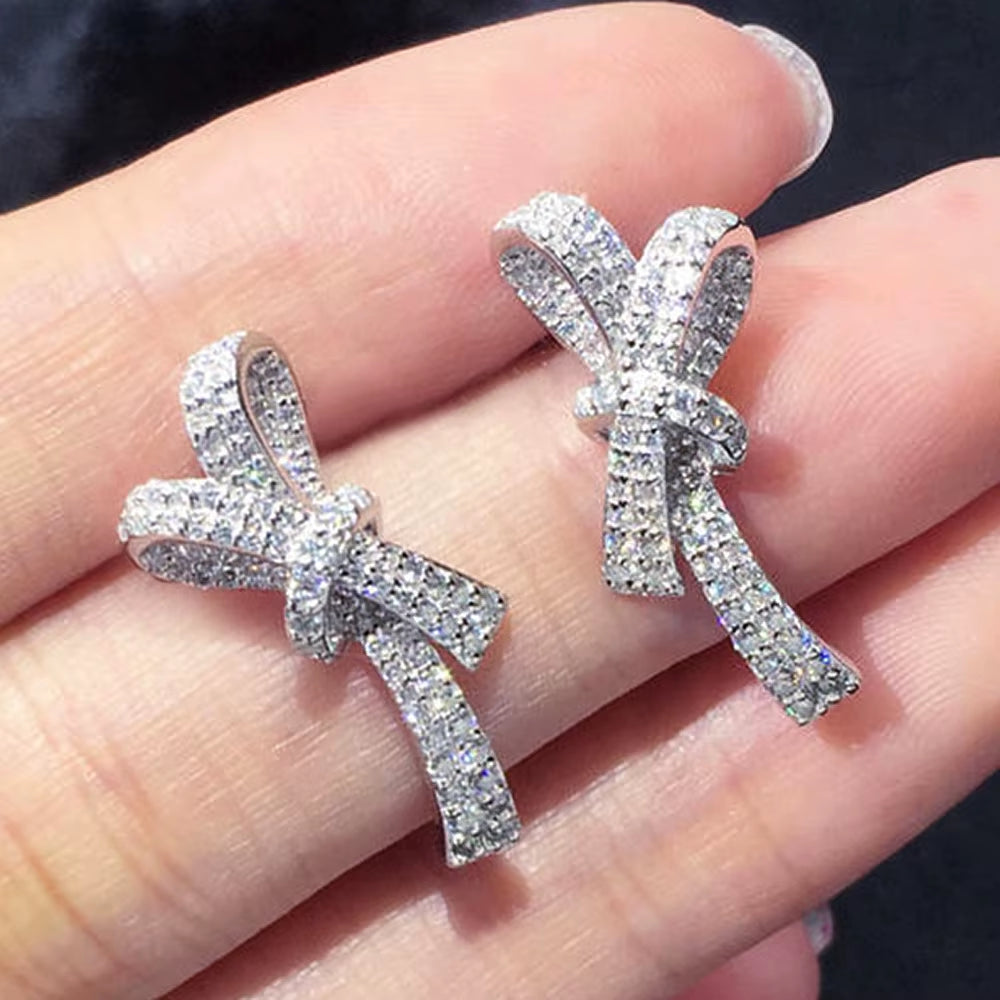 The Same Earrings New Bow Light Luxury Wind Earrings Female Full of Zircon Earrings in Stock