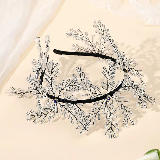 Elegant Cubic Rhinestone Wedding Hair Crown with Vintage Crystal Bridal Tiara Leaf Wedding Hair Jewelry Black White for Wedding