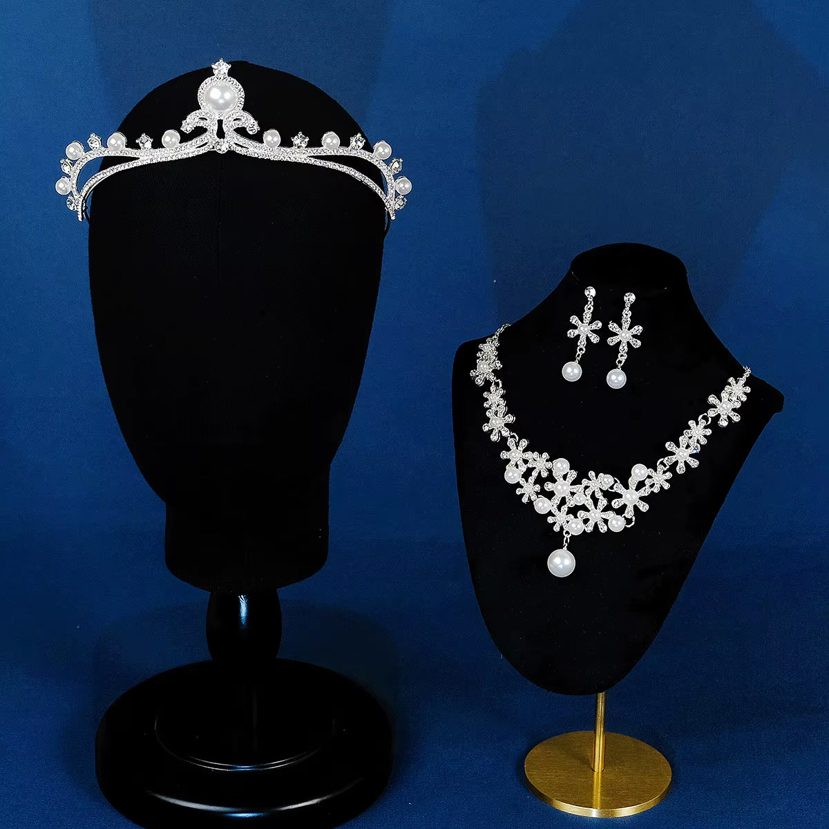 Fashion Bridal Pearl Jewelry Sets Rhinestone Crown Tiara Necklace Earrings Wedding Hair Accessories for Women