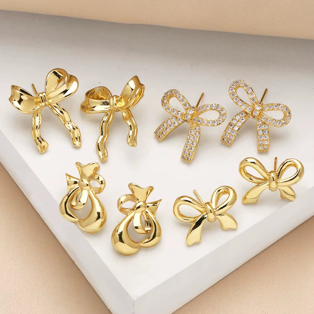 Hot Hip Hop Bow Earrings Copper Plated Gold Inset Zircon Women Daily Gentle Stud Earrings