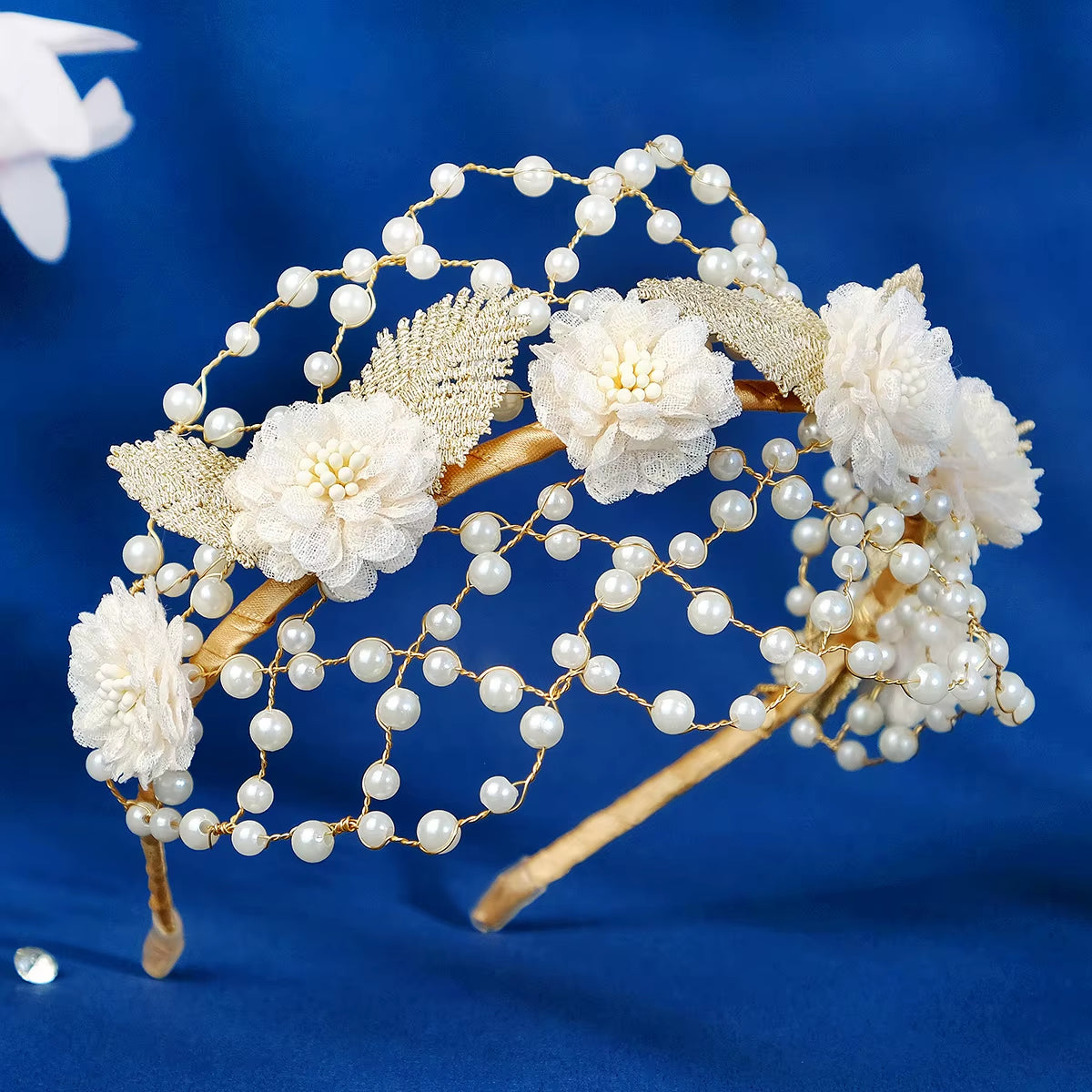 Handmade Fabric Flower Beaded Pearl Bridal Crown Hair Hoop for Girls Wedding Headwear Mesh Hairband