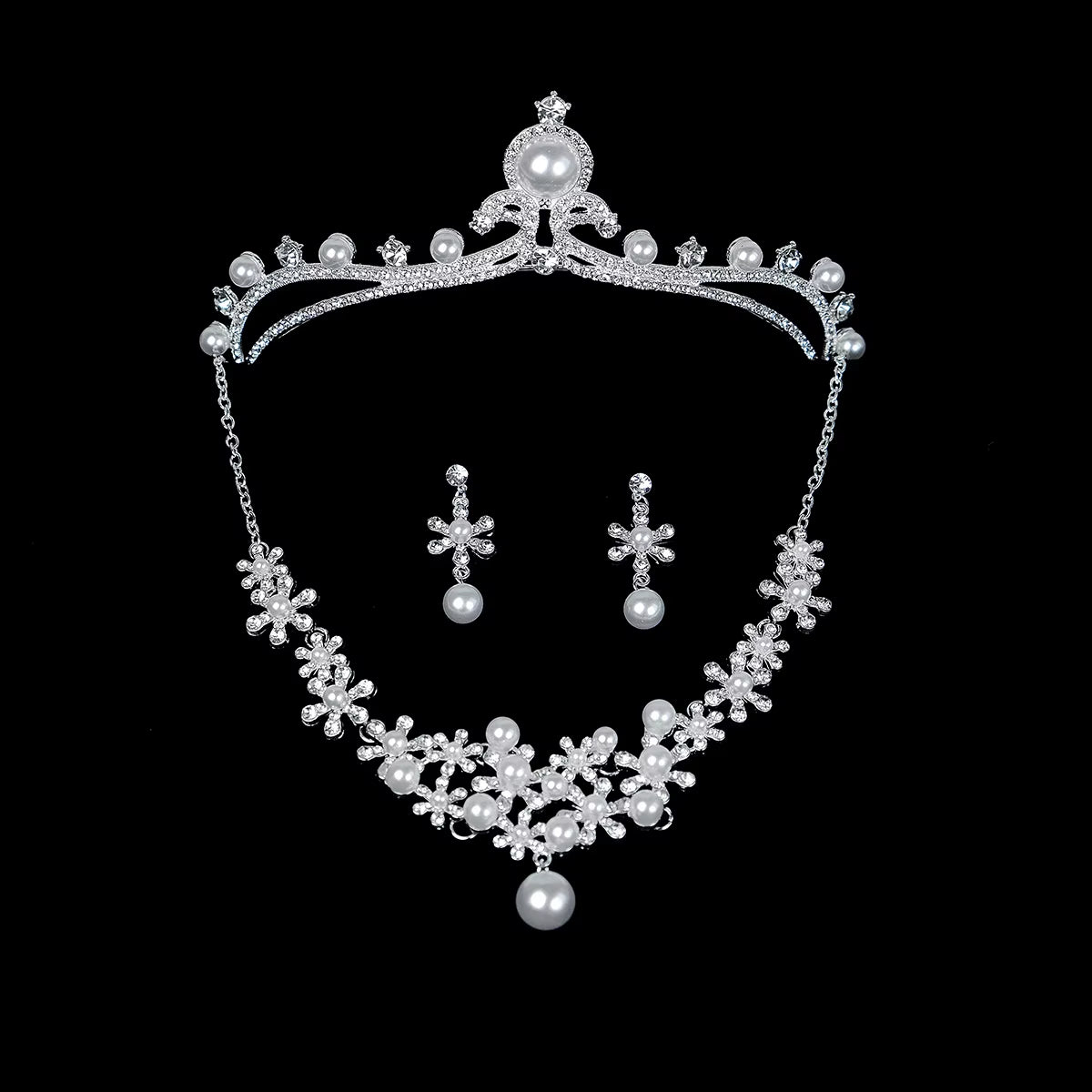 Fashion Bridal Pearl Jewelry Sets Rhinestone Crown Tiara Necklace Earrings Wedding Hair Accessories for Women