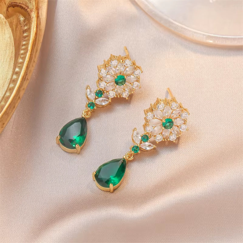 Elegant Sterling Silver CZ Emerald Wedding Party Prom Earrings for Bride