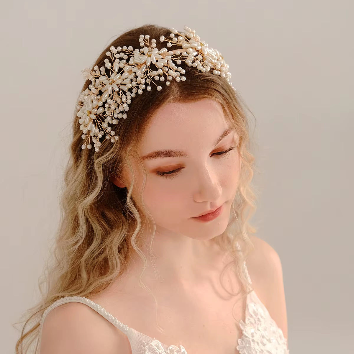 Heavy Beaded Pearl Flower Headband Hairband Gold Color Hair Hoop Women Party Hair Accessories