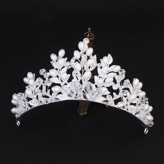 Silver Luxury Pearl Party Crown Headband Rhinestone Ball Performance Birthday Headdress Tiara