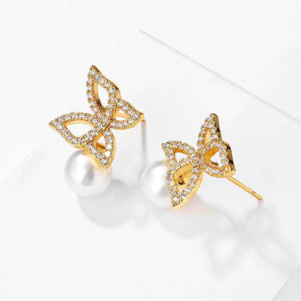 New Personalized Creative Butterfly Earrings Wedding Bride Zircon Pearl Earrings