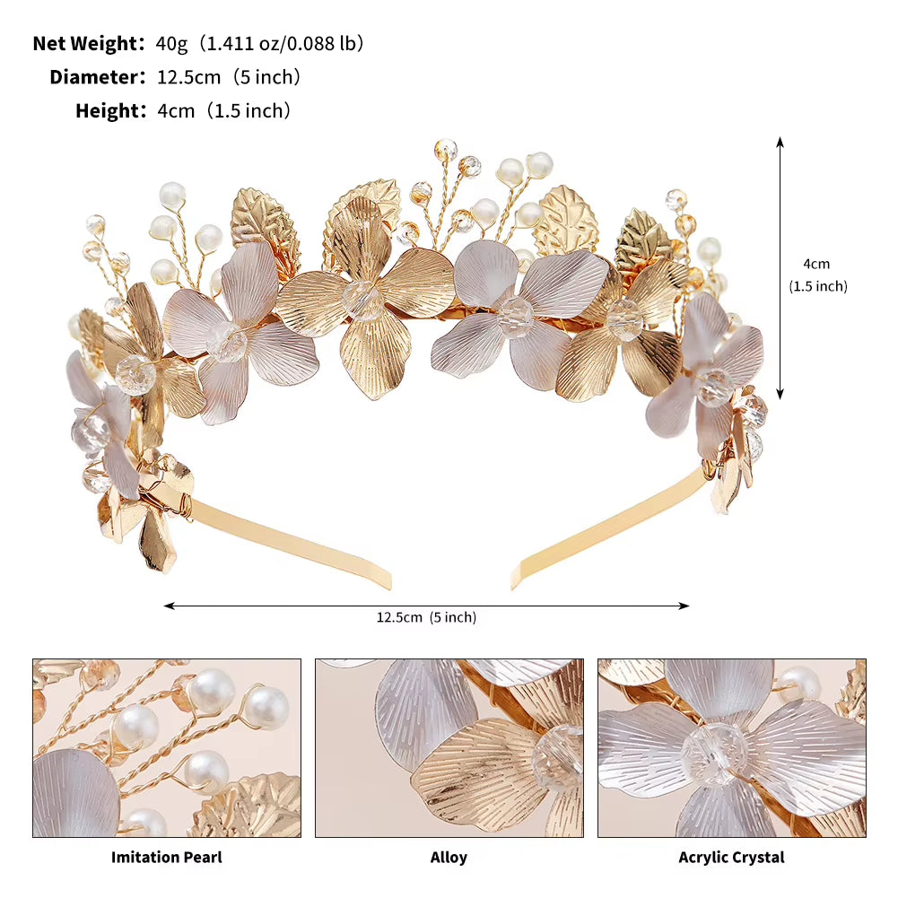 Metal Flower Luxury Gold Hairband Floral Bridal Pearl Tiara Hair Jewelry Crown Wedding