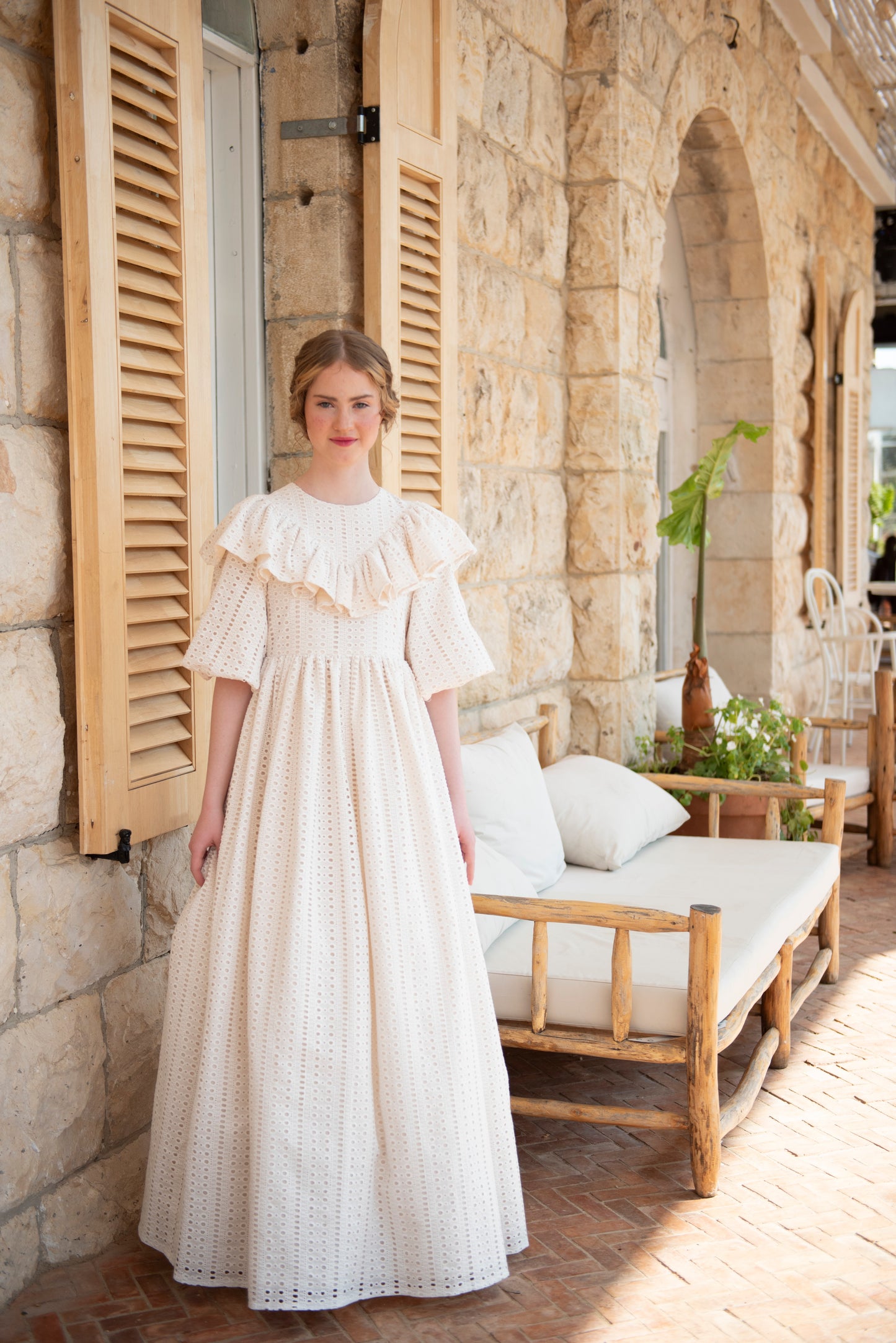 Beige Lined Ruffle Gown