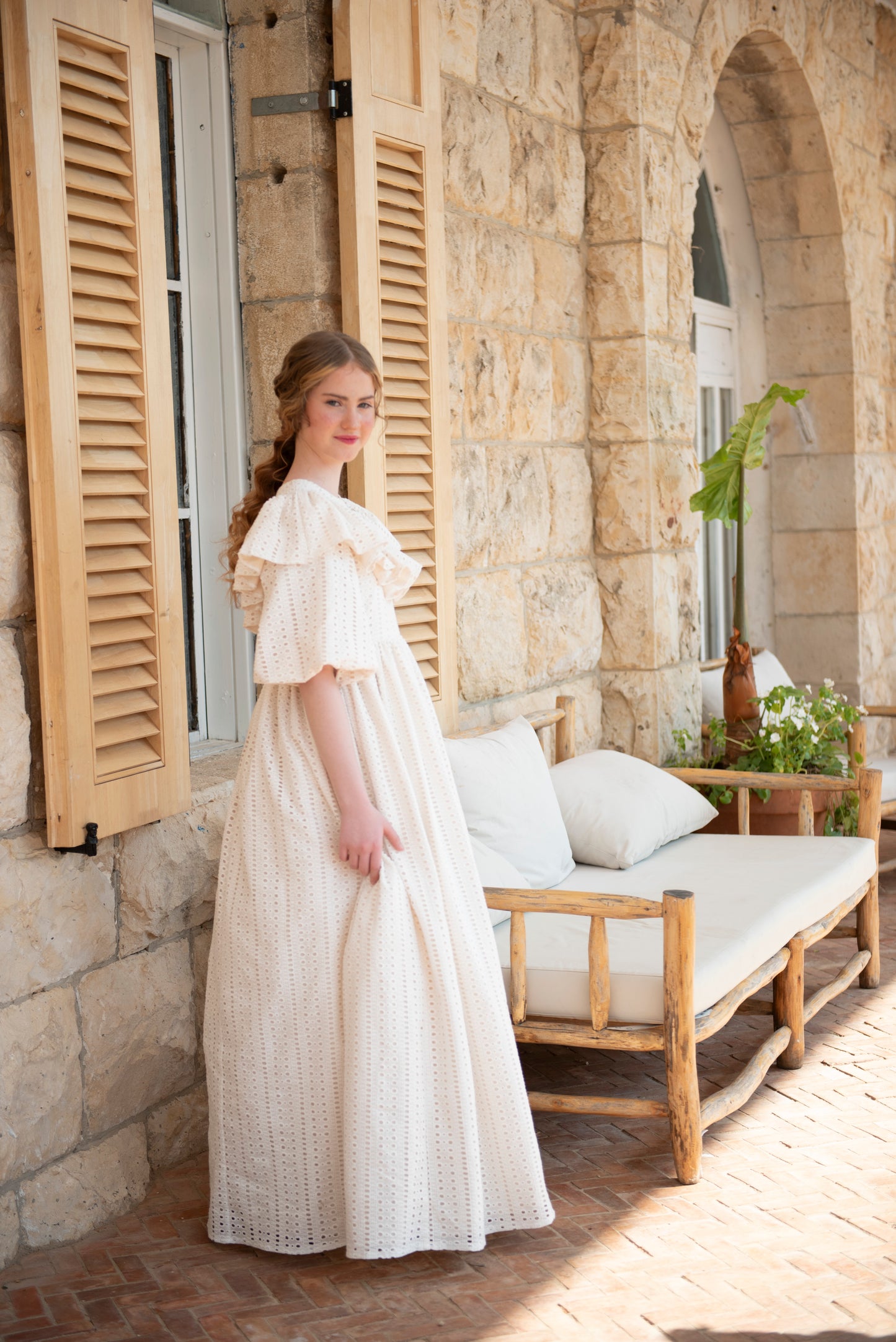 Beige Lined Ruffle Gown