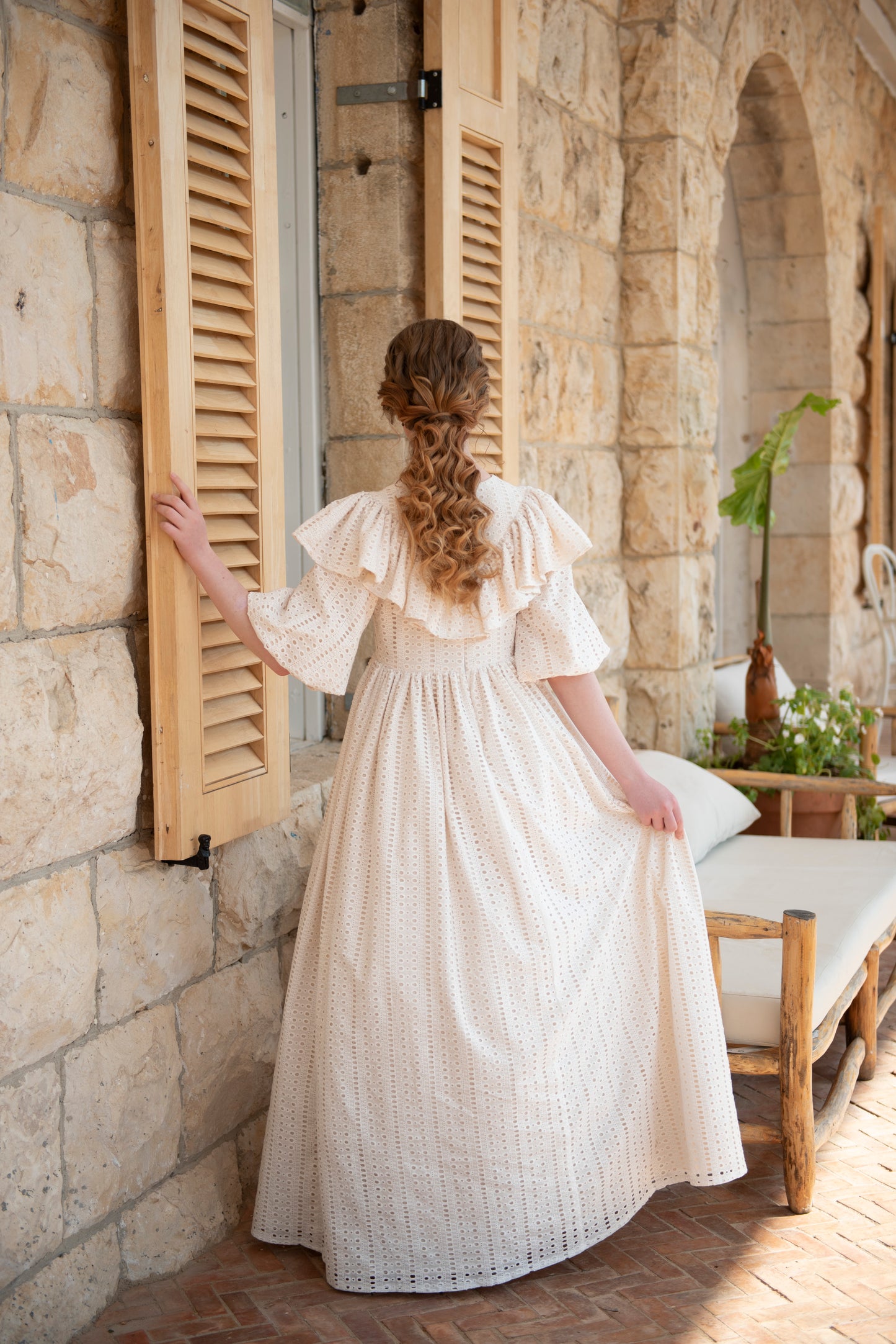 Beige Lined Ruffle Gown