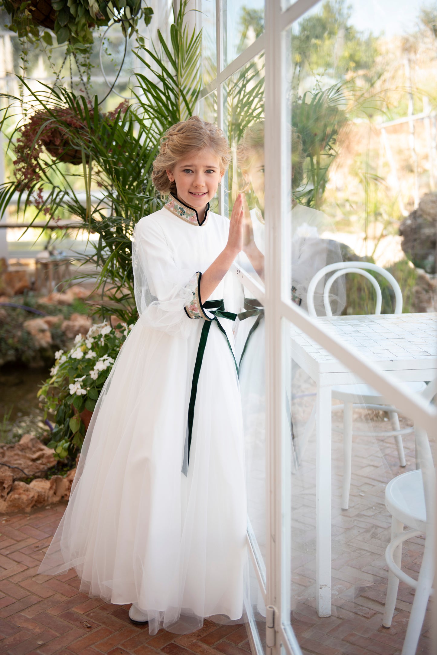 White and Green Tulle Gown with Applique Neck and Sleeve