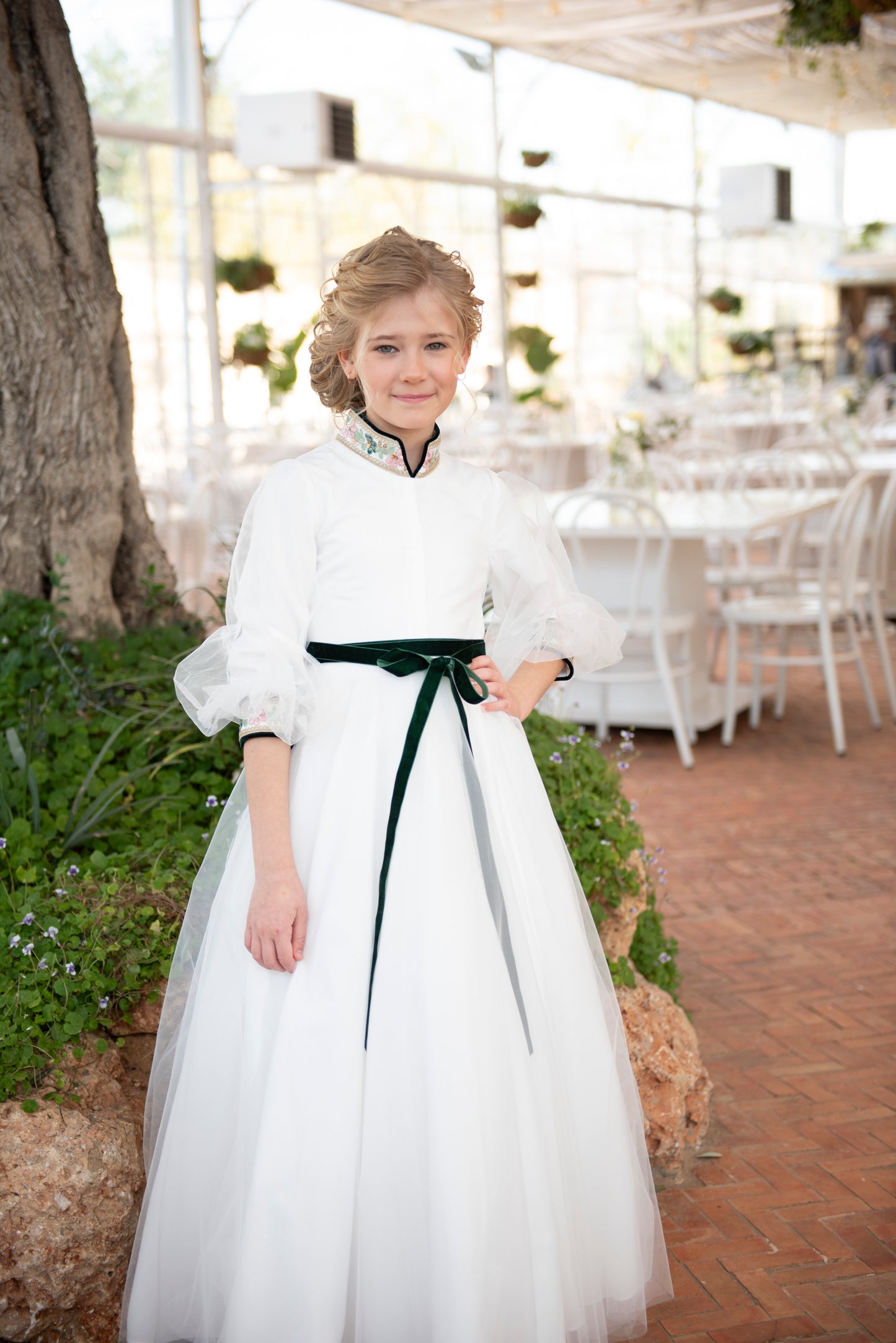 White and Green Tulle Gown with Applique Neck and Sleeve