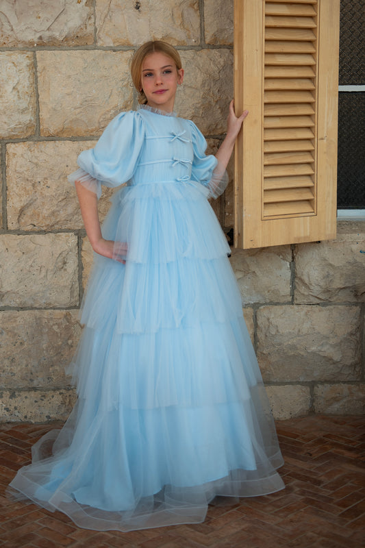 Light Blue Double Bow Gown with Layered Skirt