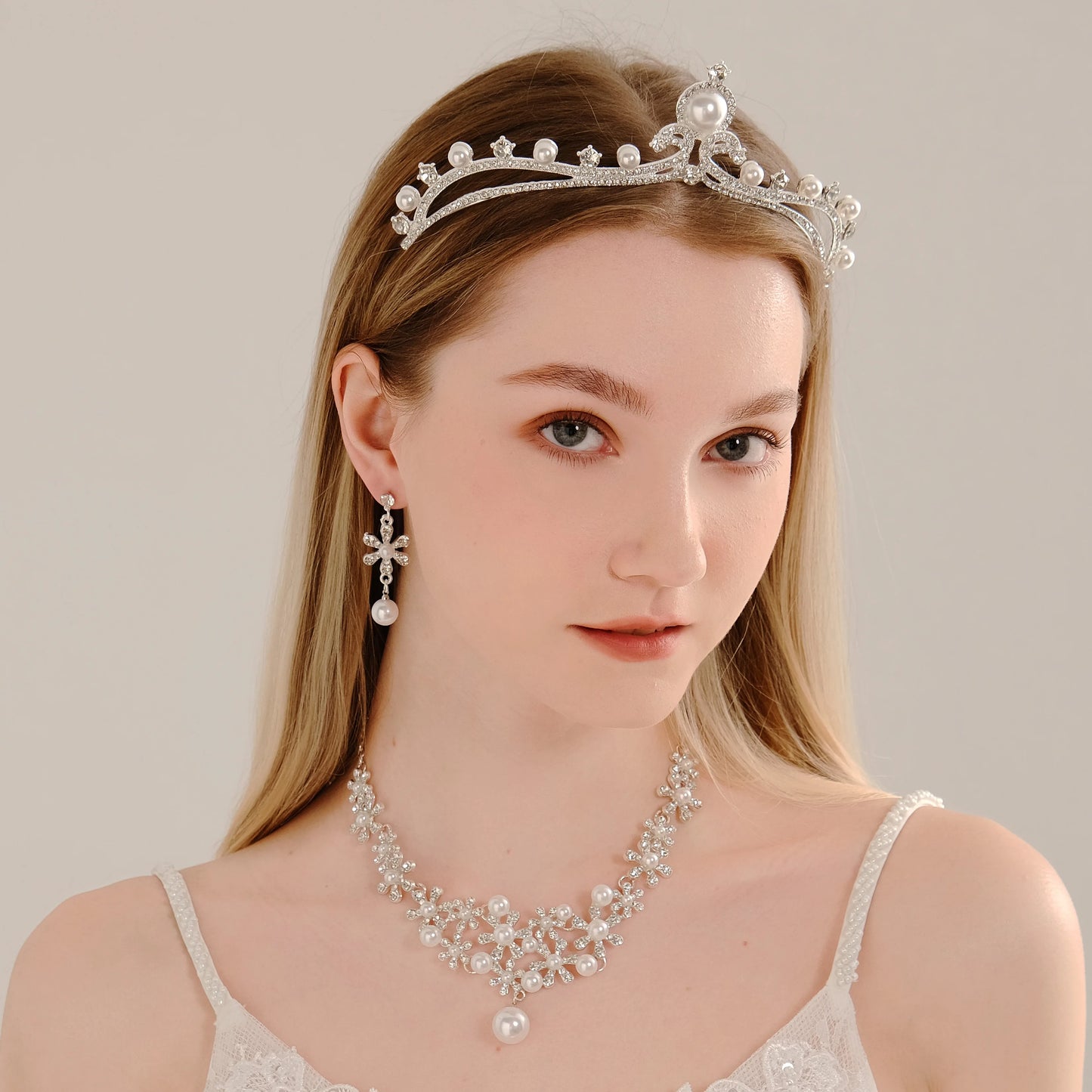 Fashion Bridal Pearl Jewelry Sets Rhinestone Crown Tiara Necklace Earrings Wedding Hair Accessories for Women