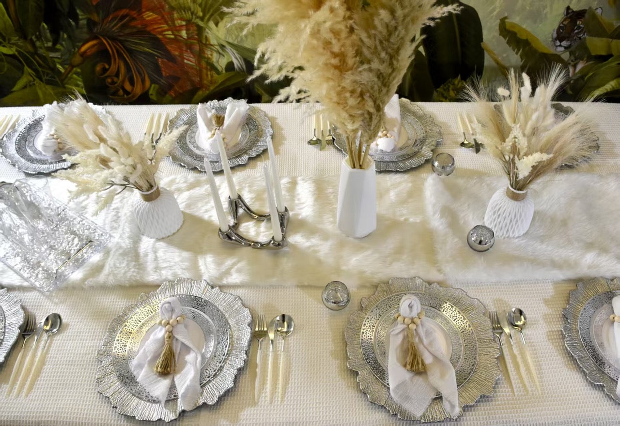 Winter White Shabbat Chattan Tablescape- Setting for 12