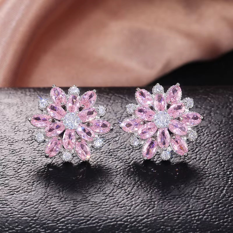 Wholesale Fancy Small Earrings Stud Woman Ladies Designs for Party Girls Luxury Sunflower Double Zircon Women'S Earrings