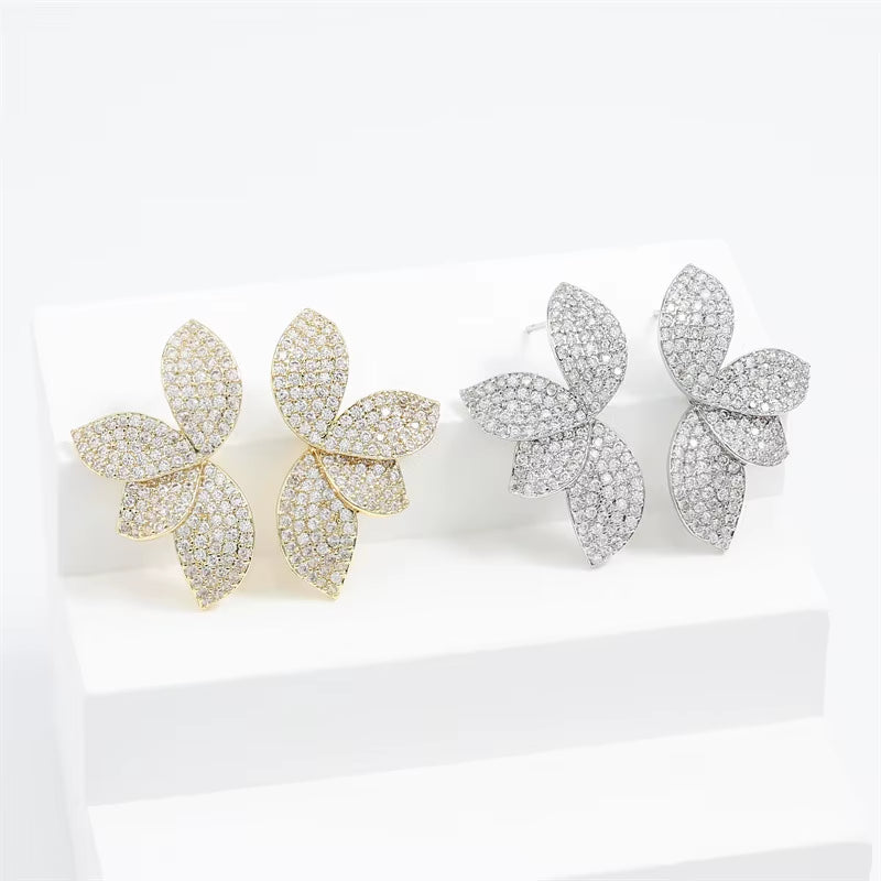 Delicate Flower Leaf Cubic Zirconia Crystal Statement Stud Earrings for Women Girls Dainty