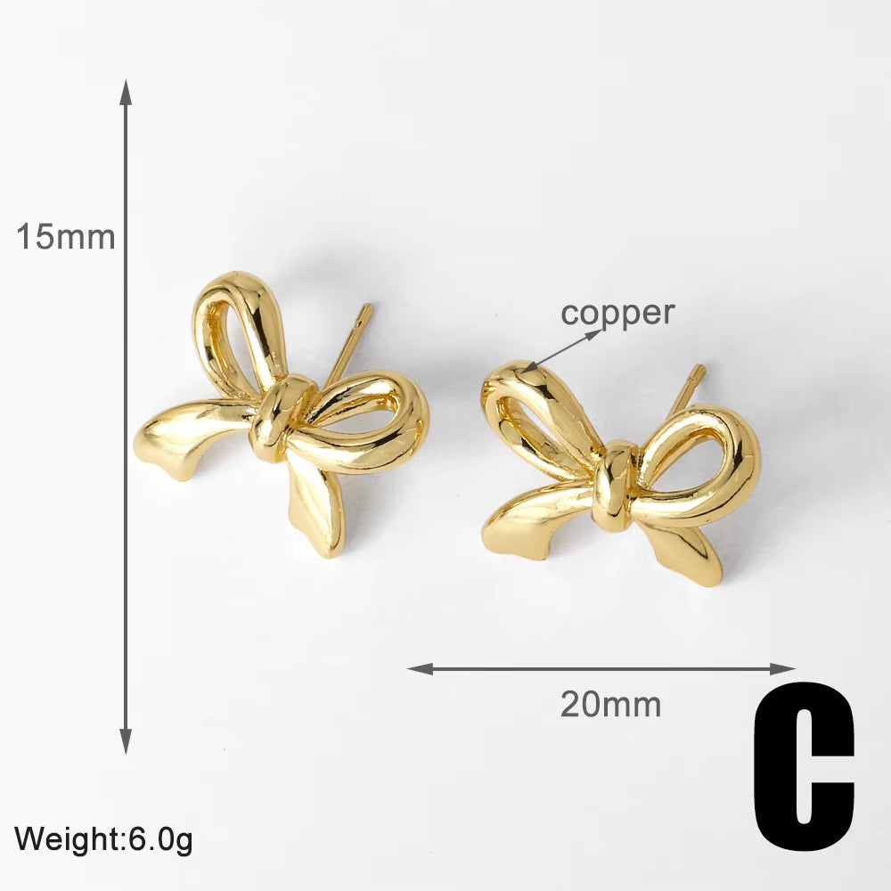 Hot Hip Hop Bow Earrings Copper Plated Gold Inset Zircon Women Daily Gentle Stud Earrings