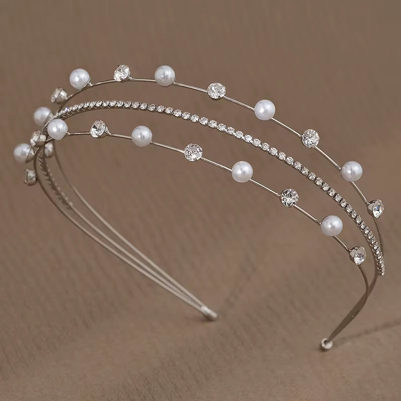 Three Layers Rhinestones Diadems Queens Crowns Wedding Tiara Bridal Crown Crystal Pearl Head Pieces