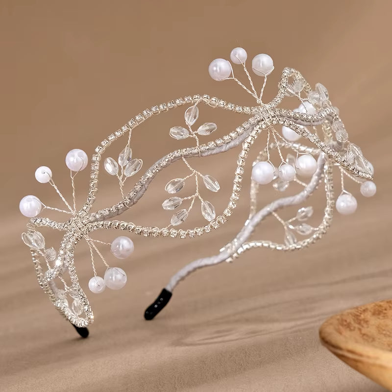 Handmade Crystal Beaded Squiggle Bridal Mesh Headband Crown