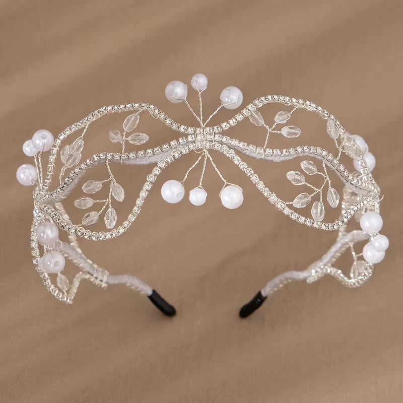 Handmade Crystal Beaded Squiggle Bridal Mesh Headband Crown