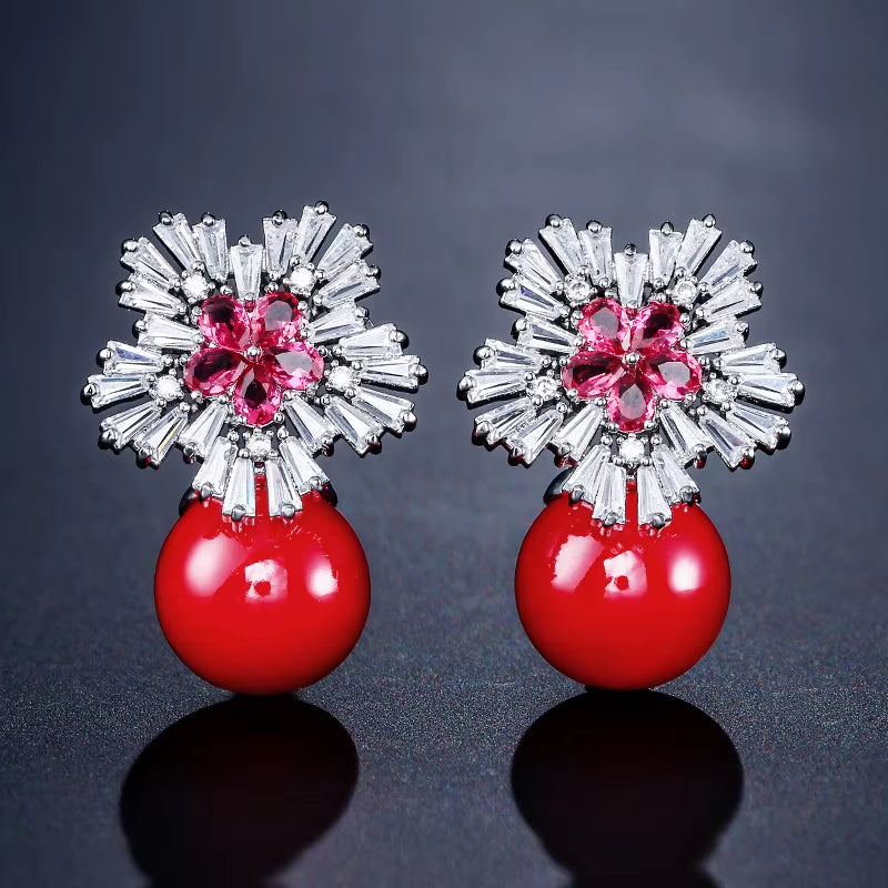 European and American Creative Personality Snowflake Female Earrings Fashion Simple Light Luxury Bridal Pearl round Earrings