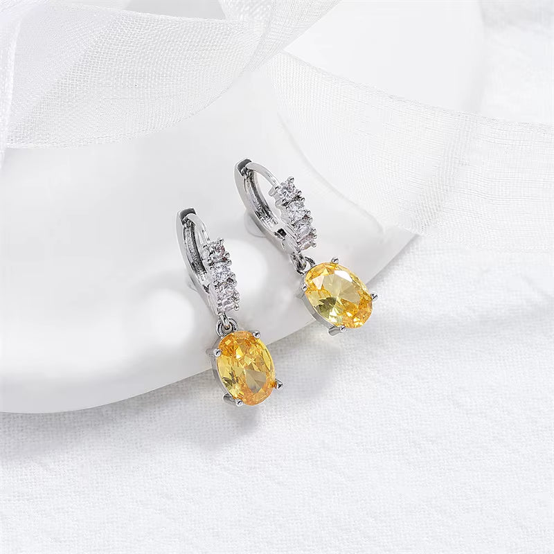 Yellow Citrine Oval Dangle Leverback Cubic Zirconia Earrings with Birthstone for Wedding