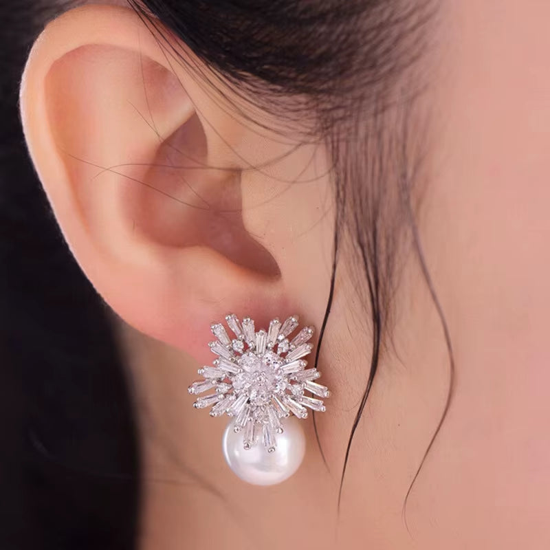 European and American Creative Personality Snowflake Female Earrings Fashion Simple Light Luxury Bridal Pearl round Earrings