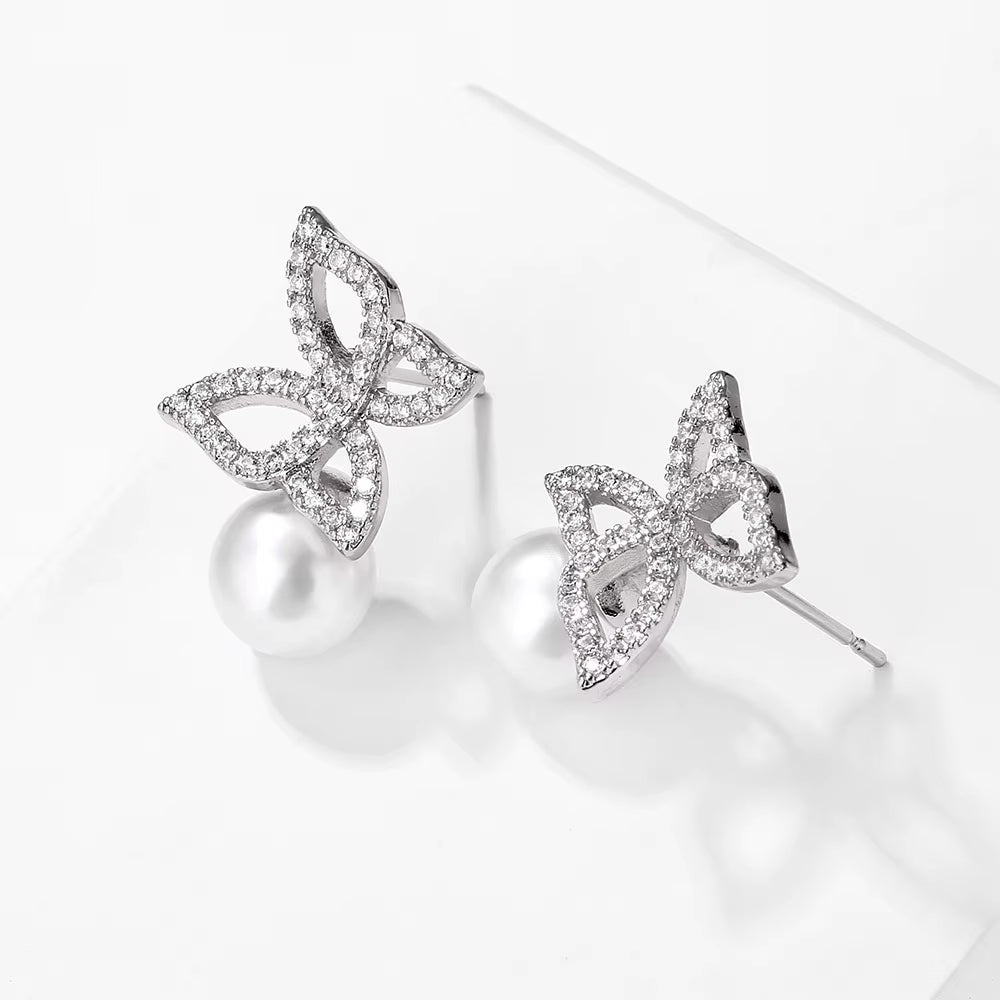 New Personalized Creative Butterfly Earrings Wedding Bride Zircon Pearl Earrings