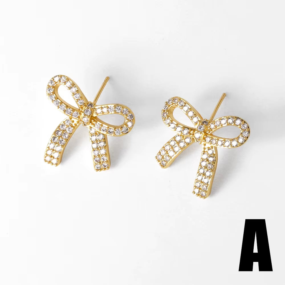 Hot Hip Hop Bow Earrings Copper Plated Gold Inset Zircon Women Daily Gentle Stud Earrings