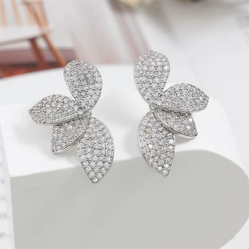 Delicate Flower Leaf Cubic Zirconia Crystal Statement Stud Earrings for Women Girls Dainty