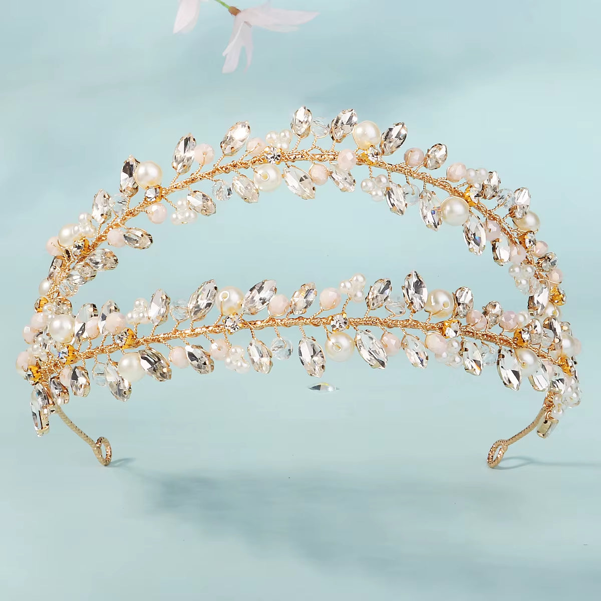 Crystal Double-Row Hair Hoop Headband Crown Handmade Pearl Rhinestone Hairband Bridal Hair Crown