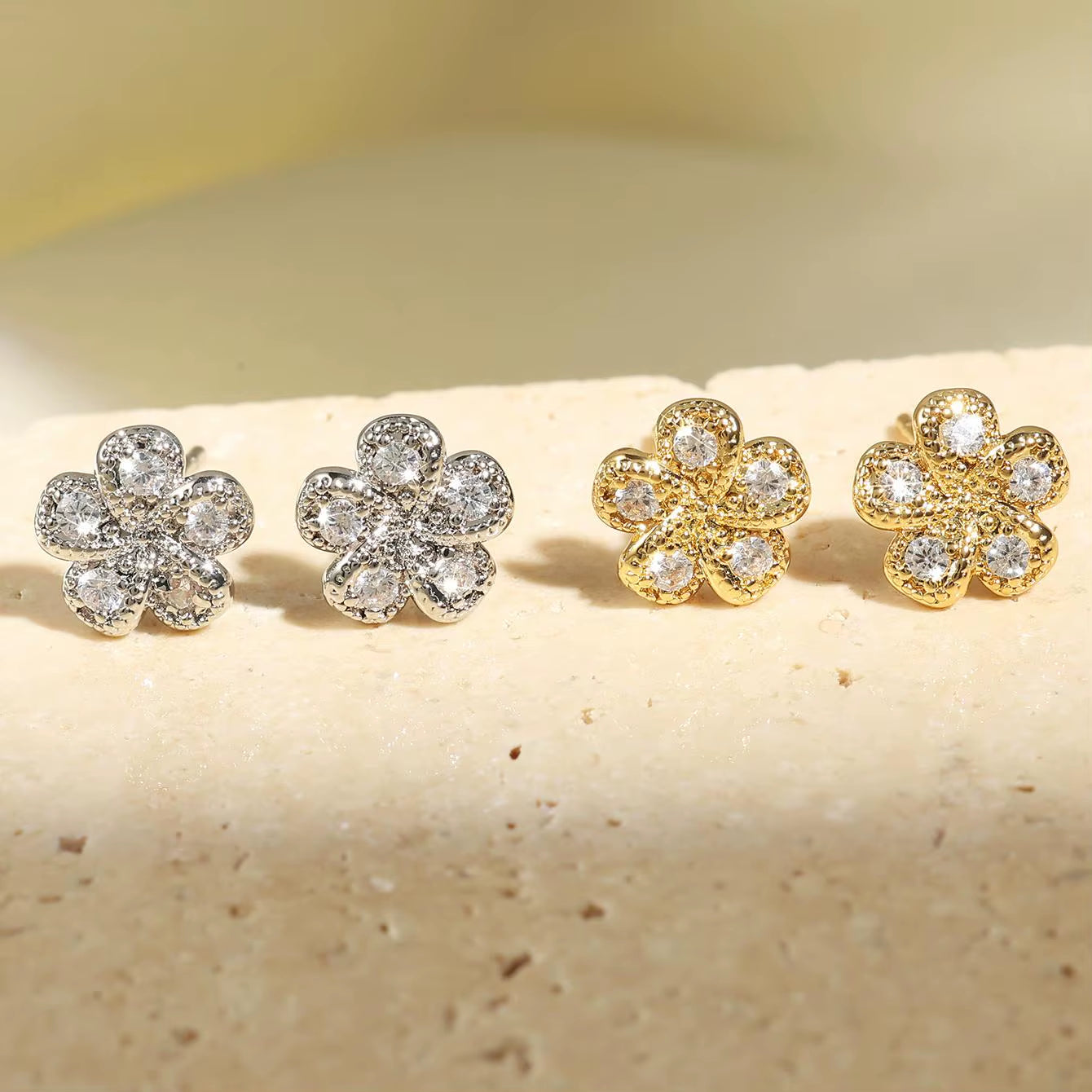 14K Gold Color Full Inlay Zircon Hollow Flower Snowflake Petal Earrings Women Jewelry Accessories