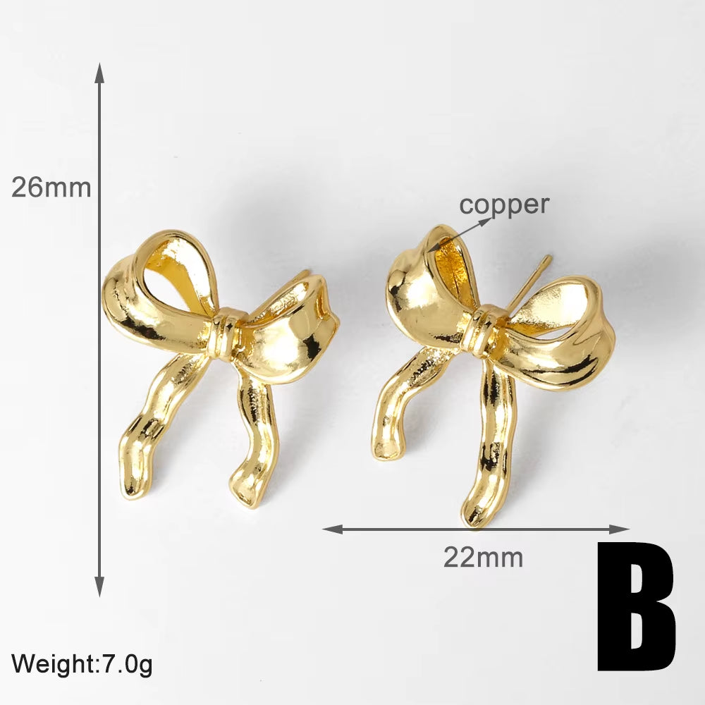 Hot Hip Hop Bow Earrings Copper Plated Gold Inset Zircon Women Daily Gentle Stud Earrings