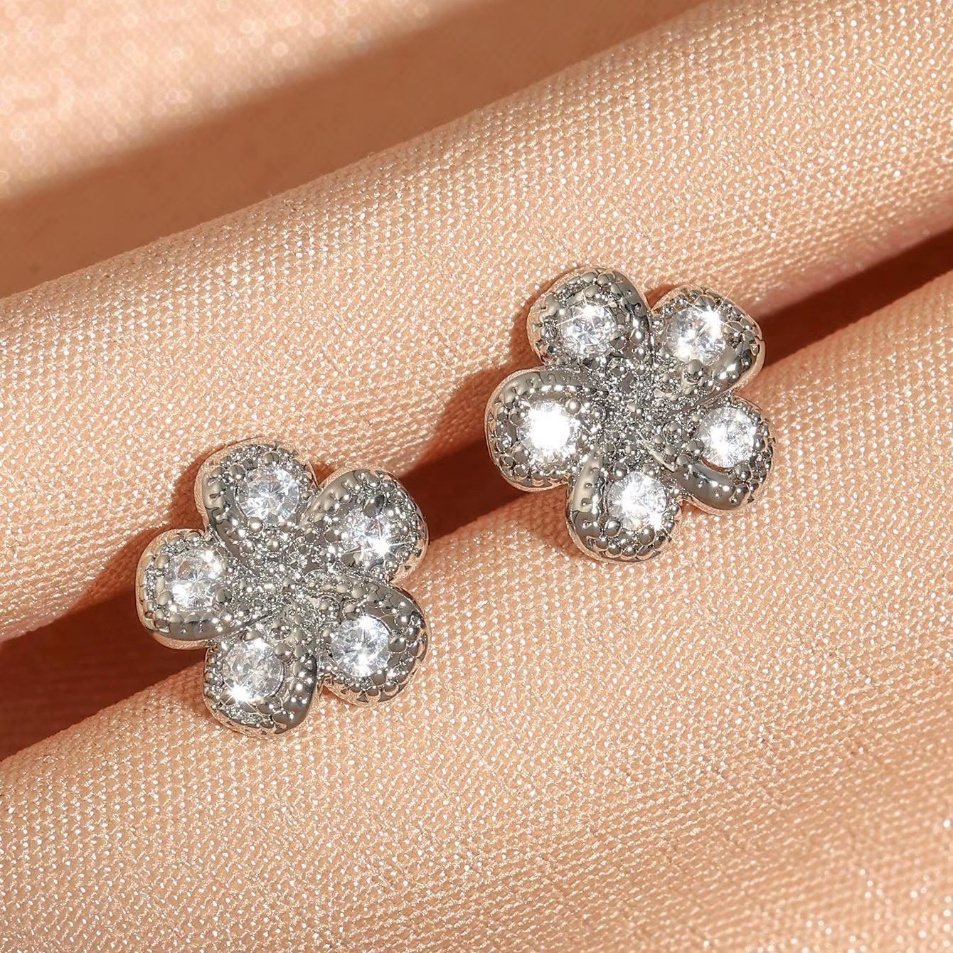 14K Gold Color Full Inlay Zircon Hollow Flower Snowflake Petal Earrings Women Jewelry Accessories