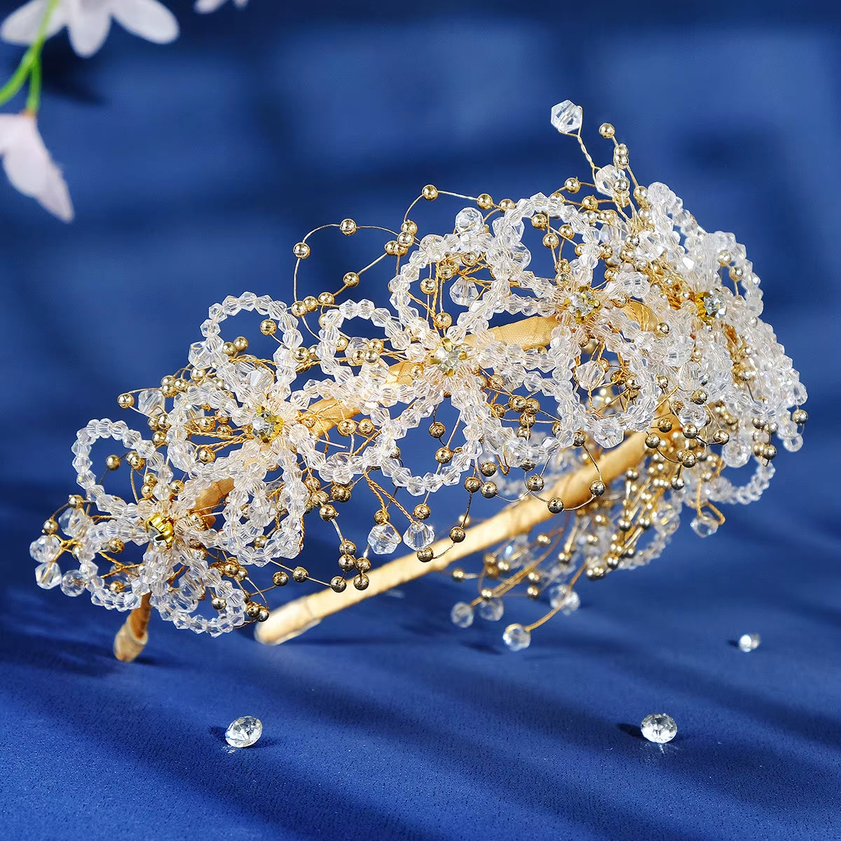 Drop Shipping Gold Color Handmade Luxury Crystal Beaded Headband Party Girls Wedding Bride Tiaras for Bridal Hairband for Party