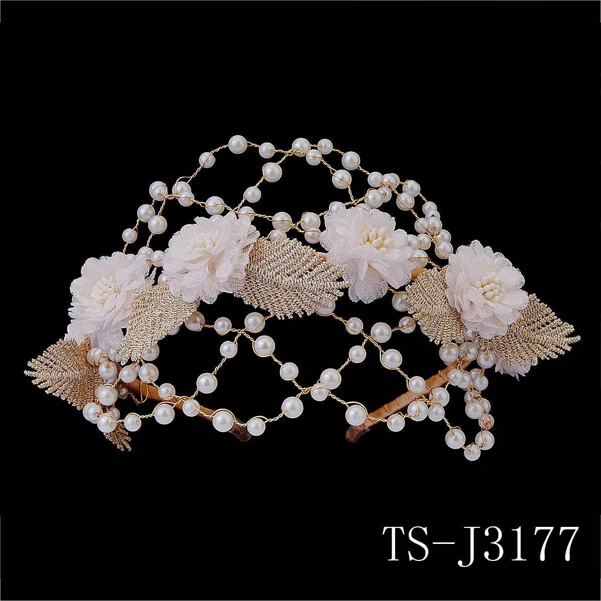 Handmade Fabric Flower Beaded Pearl Bridal Crown Hair Hoop for Girls Wedding Headwear Mesh Hairband