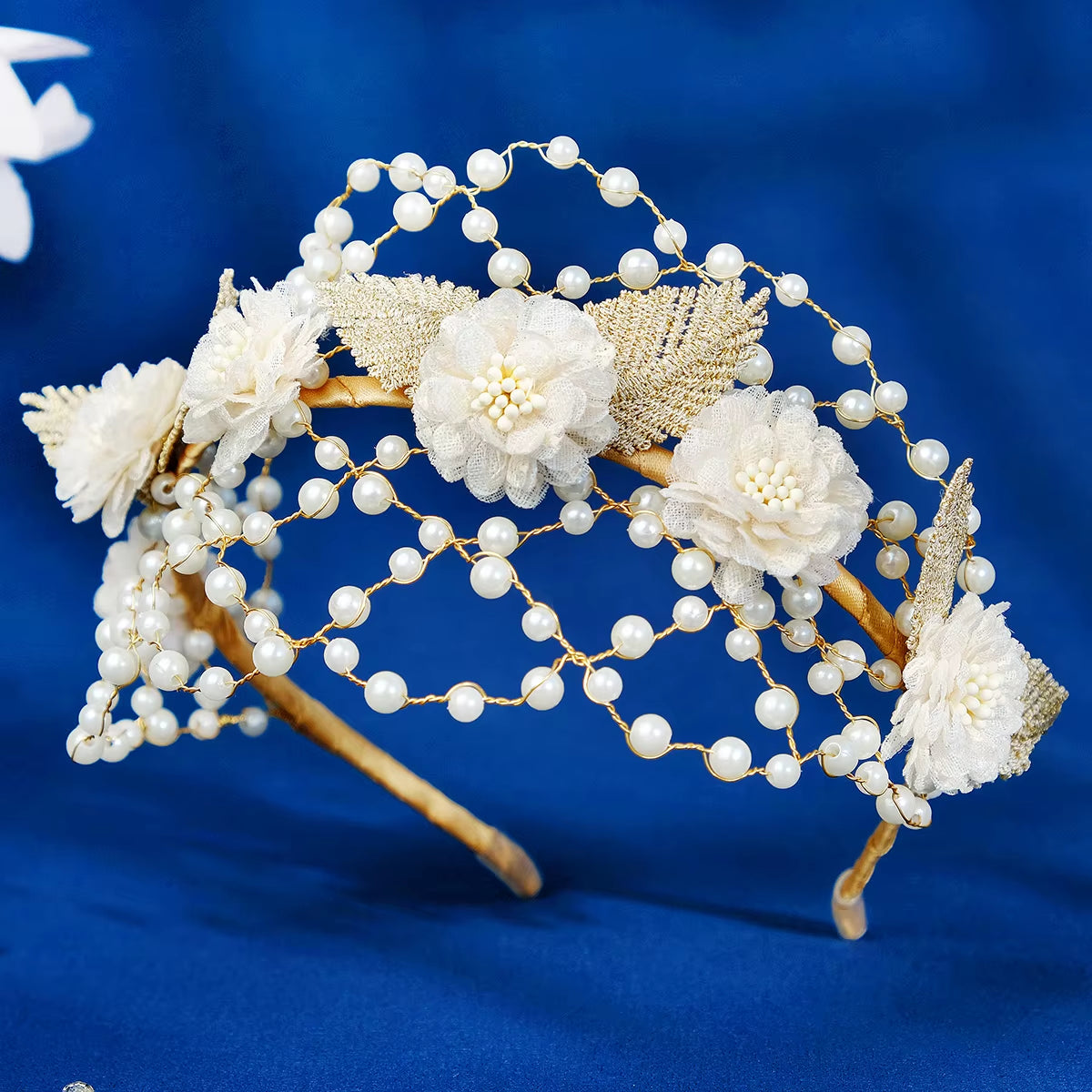 Handmade Fabric Flower Beaded Pearl Bridal Crown Hair Hoop for Girls Wedding Headwear Mesh Hairband