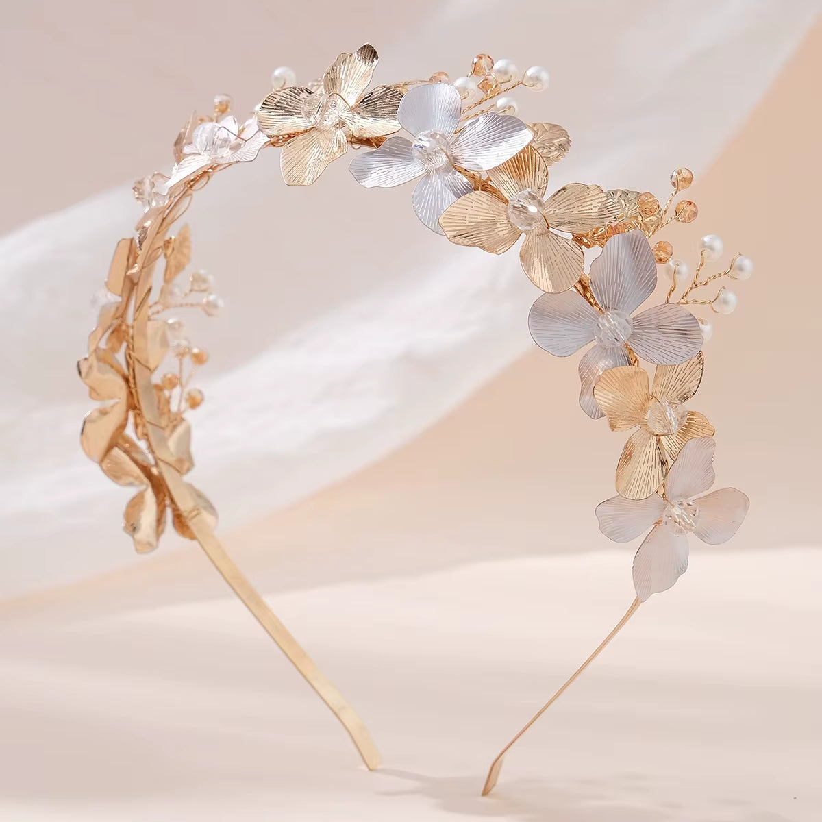 Metal Flower Luxury Gold Hairband Floral Bridal Pearl Tiara Hair Jewelry Crown Wedding