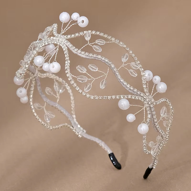 Handmade Crystal Beaded Squiggle Bridal Mesh Headband Crown