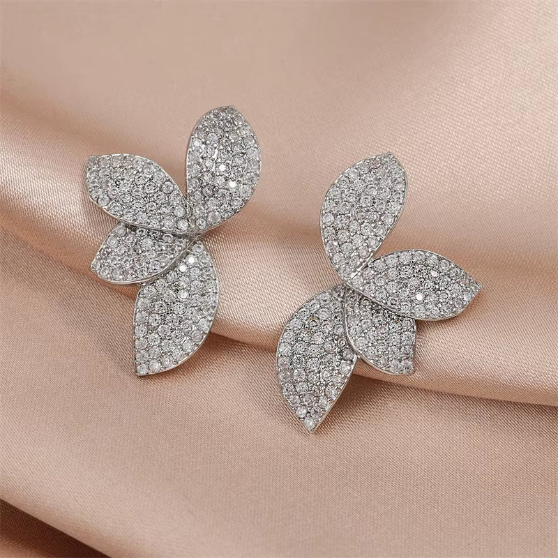 Delicate Flower Leaf Cubic Zirconia Crystal Statement Stud Earrings for Women Girls Dainty