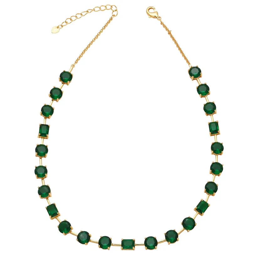 Gold-Plated Bamboo Square & Round Color Diamond Necklace - Emerald Zircon Collarbone Chain