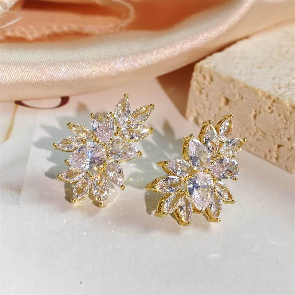 Gold Cubic Zirconia Crystal Bridal Earrings, Marquis Shape CZ Curved Clusters, Earrings for Wedding, Bridesmaids