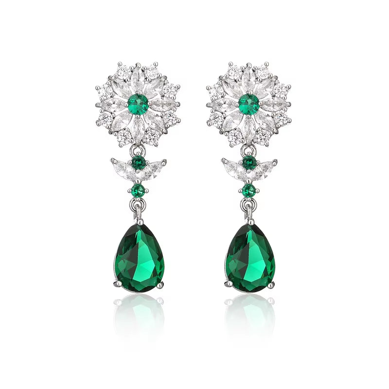 Elegant Sterling Silver CZ Emerald Wedding Party Prom Earrings for Bride