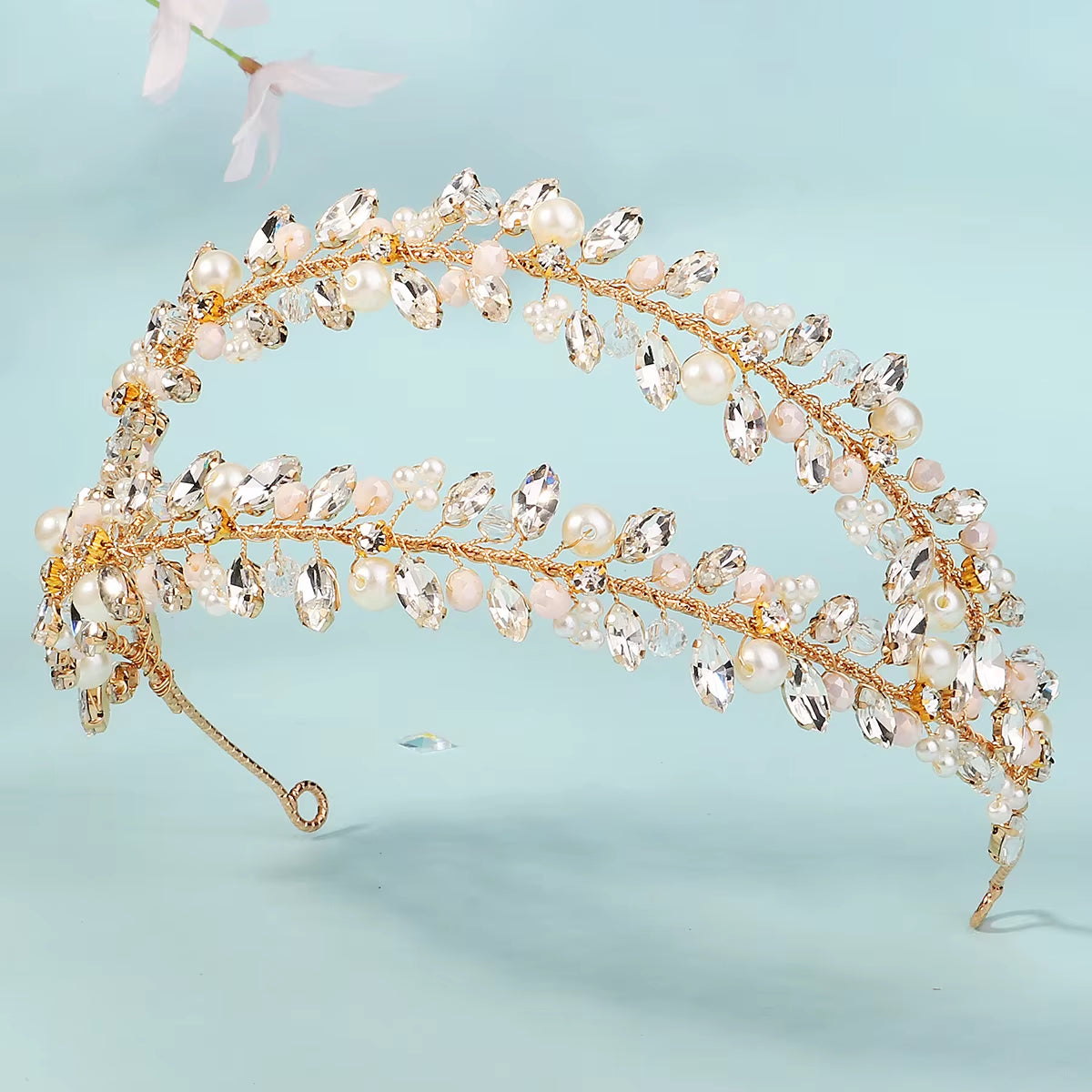 Crystal Double-Row Hair Hoop Headband Crown Handmade Pearl Rhinestone Hairband Bridal Hair Crown