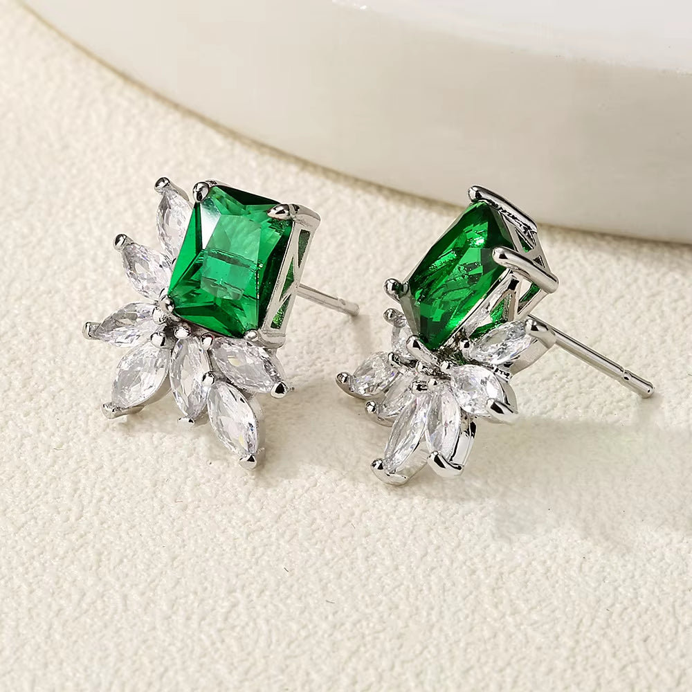 New Colored Diamond Earrings Female Luxury Emerald Blue Zircon Earrings Retro Court Style